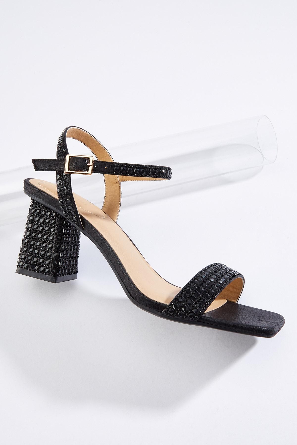 Black Rhinestone Heeled Sandals | Cato Fashions