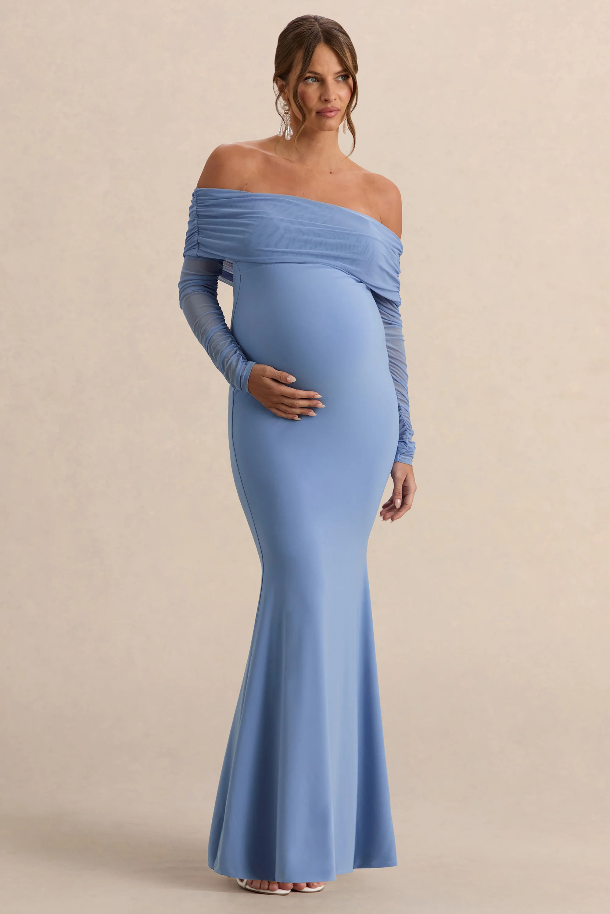 Pretty Perfect | Powder Blue Maternity Ruched Mesh Bardot Maxi Dress | Club L London