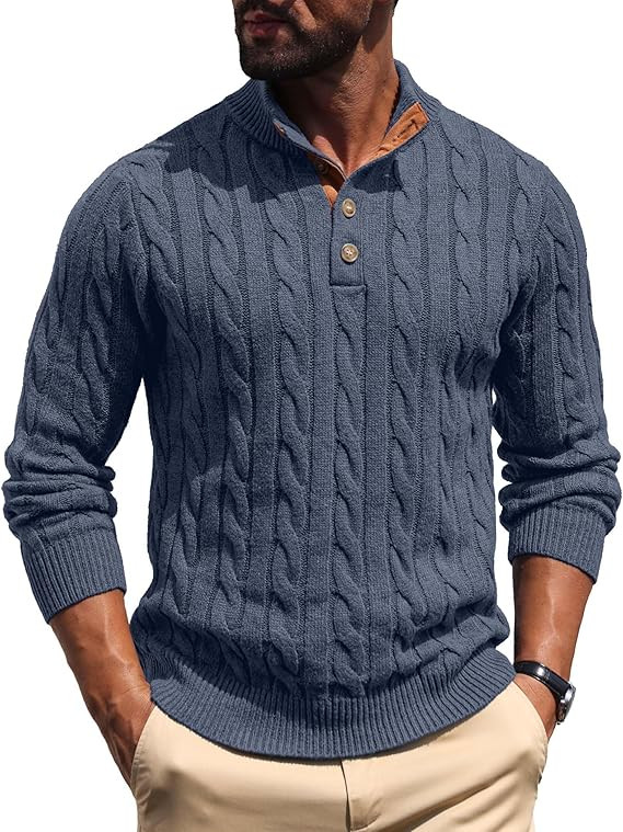 Askdeer Men's Cable Knit Pullover Sweater Stand Collar Button Classic Casual Sweaters Henley Knit... | Amazon (US)