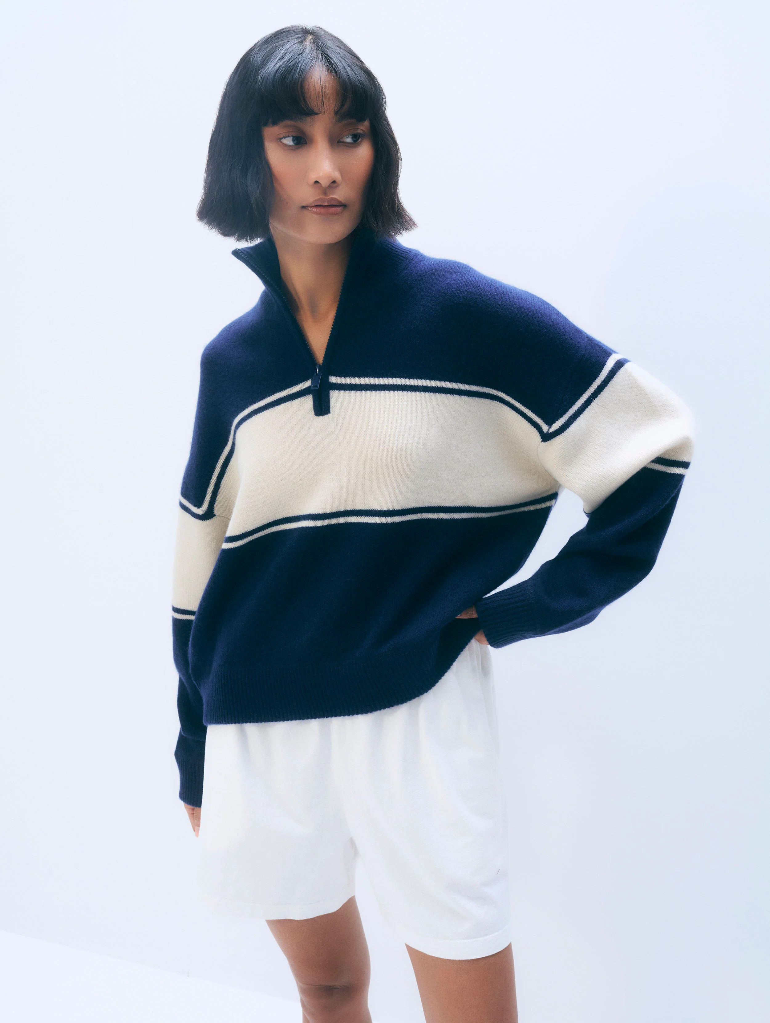 White & Warren Cashmere Blend Quarter Zip Sweater in Navy/ivory size Medium | White and Warren