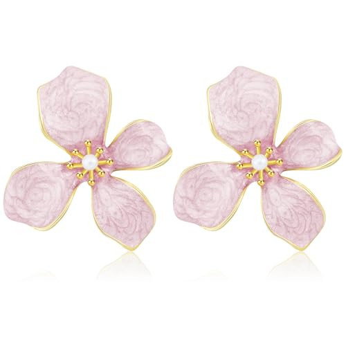 TUCEWP Pink Flower Stud Earrings Cute Shimmer Flower Drop Earrings Trendy Fashion Pearl Statement Earrings Chic Sweet Enamel Floral Earrings for Women Mom Holiday Wedding Prom Birthday Jewelry Gift | Amazon (US)
