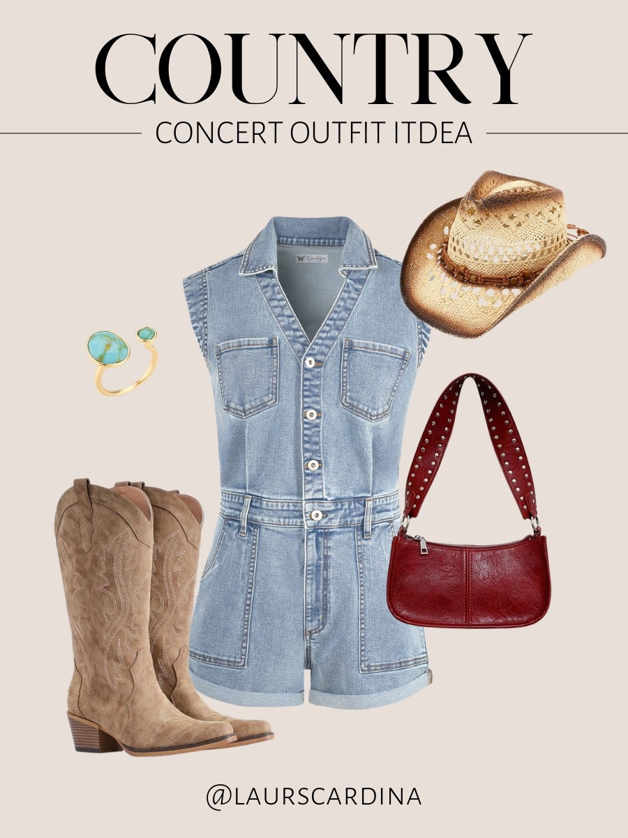 This country concert outfit idea includes a denim shorts jumpsuit, a cowboy hat, turquoise ring, brown cowboy boots, and a red shoulder bag.

Concert outfit, Nashville outfit, spring outfit, summer outfit

#LTKFindsUnder50 #LTKStyleTip #LTKShoeCrush