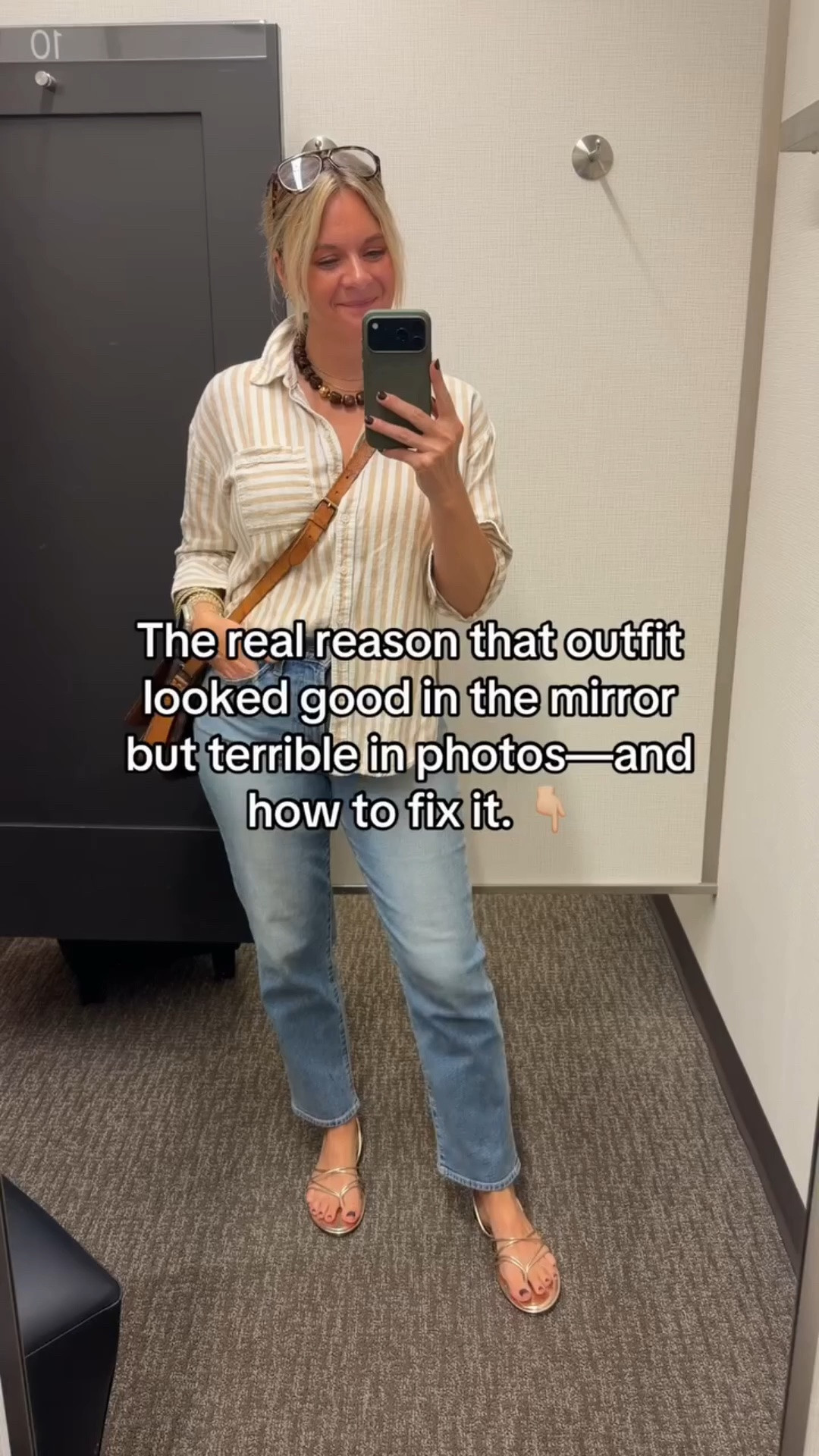 Mirrors show you up close in good lighting. Cameras show the full picture from a distance with different lighting. 

What photographs well is usually different from what feels right in person. Bold colors can overwhelm in photos. Oversized proportions read sloppy from far away. Certain fabrics flatten your shape. 

Here’s the fix: Before you buy, ask yourself “how will this look in a full-body photo, not just in the mirror?” Consider proportion, scale, how fabric drapes. Test it on video before wearing it out. 

Your outfit should look good in both places—mirrors AND photos. 

💾 Save this styling reality check 
✨ Follow for more honest styling tips