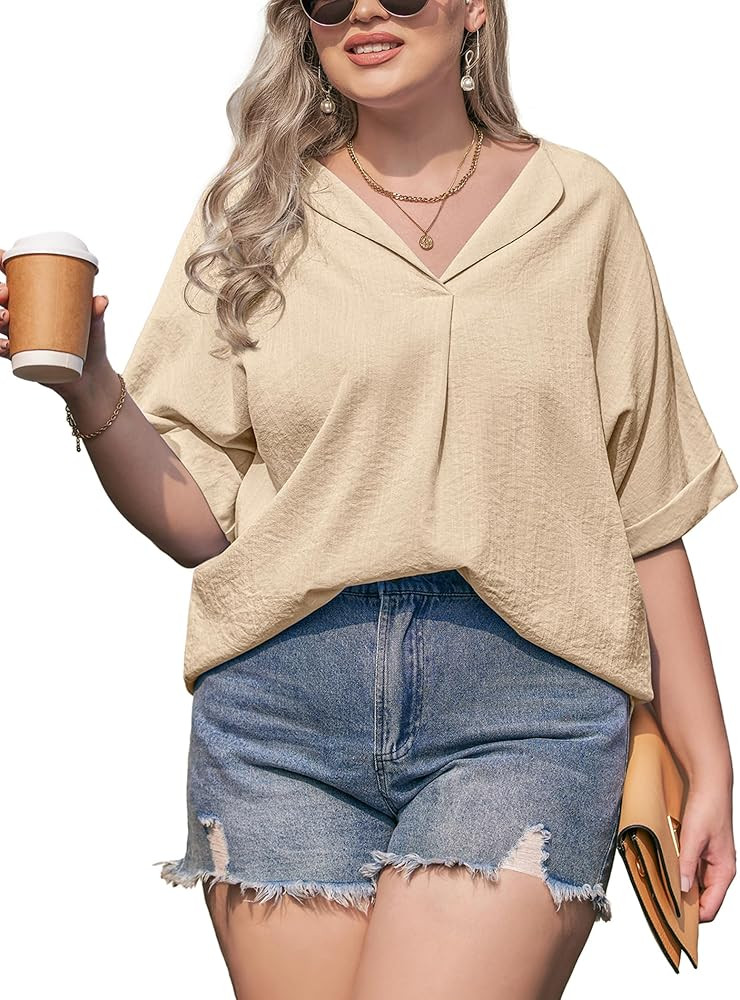 IN'VOLAND Womens Plus Size Blouse V Neck Shirt Short Sleeve Casual Formal Summer Office Tops | Amazon (US)