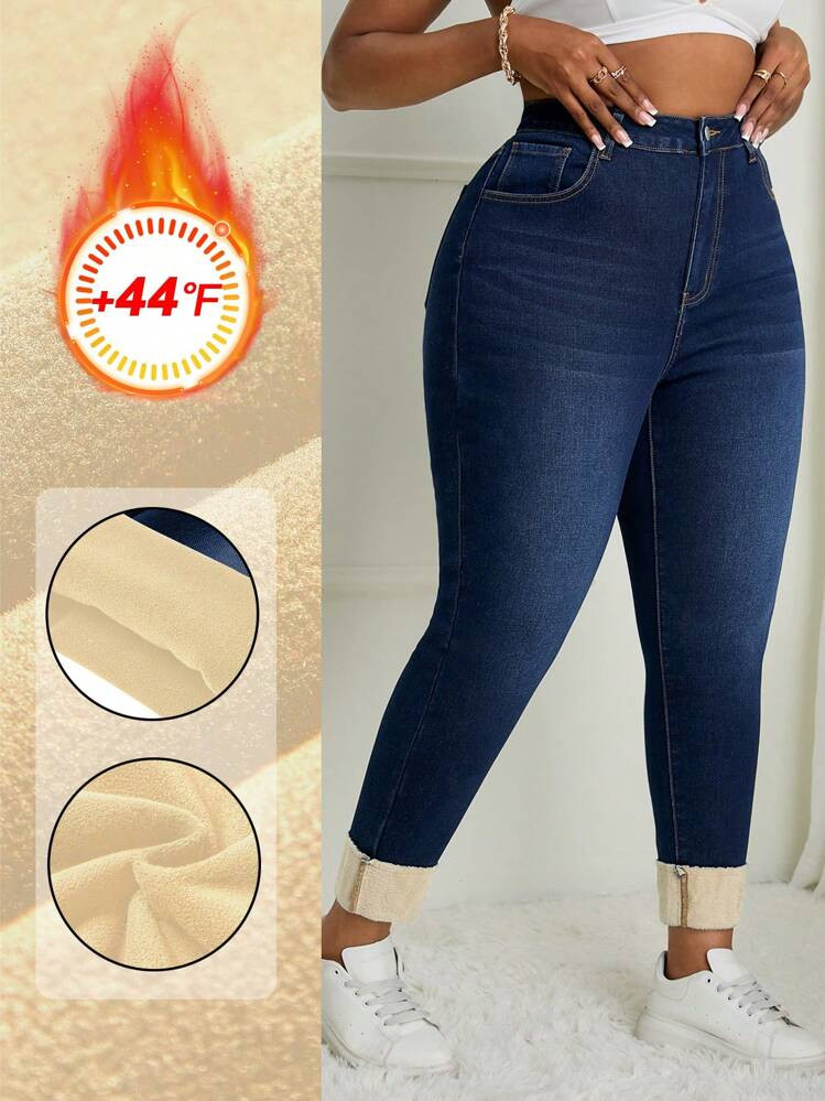 Slaydiva Old Money Plus Size Denim Elastic Fashion Thermal Lined Thickened Spring Tight Trousers | SHEIN