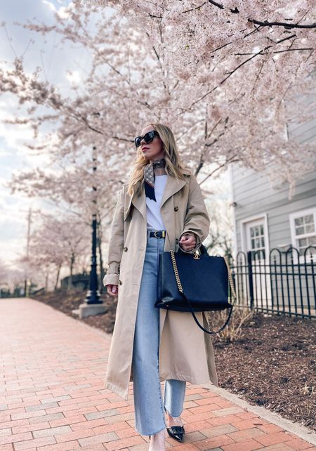 Classic spring style, trench coat outfit, Gucci silk scarf, straight leg jeans, spring denim 

#LTKstyletip #LTKSeasonal