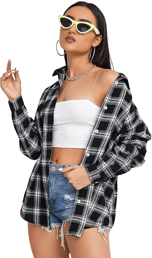 SweatyRocks Women's Long Sleeve Collar Long Button Down Plaid Shirt Blouse Tops | Amazon (US)
