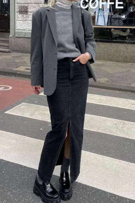 recreating my favorite pinterest outfits 💌

reeeeally ready for colder weather with this one ☁️ love how chic the shades of gray look together 
- turtleneck
- crew sweater
- oversized blazer 
- black denim maxi skirt
- crew socks 
- loafers !!


#LTKSeasonal #LTKshoecrush #LTKworkwear