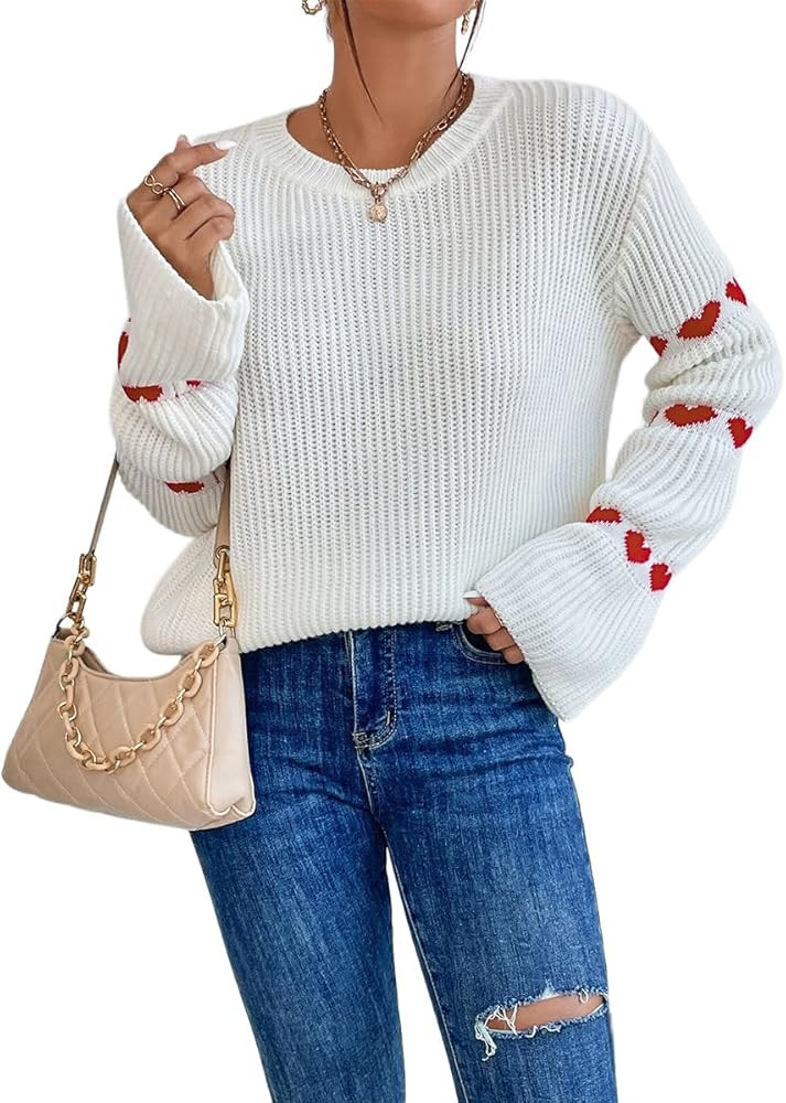 SKAYS Autumn Winter Love Jacquard Trumpet Sleeve Sweater Women Loose Pullover Round Neck Top | Amazon (US)