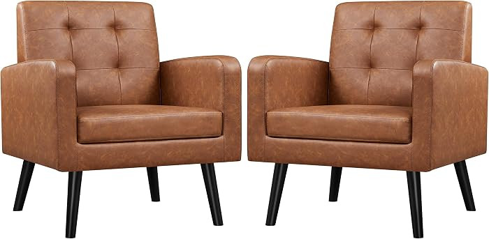 Yaheetech Mid-Century Accent Chairs, PU Leather Modern Upholstered Living Room Chair, Cozy Armcha... | Amazon (US)