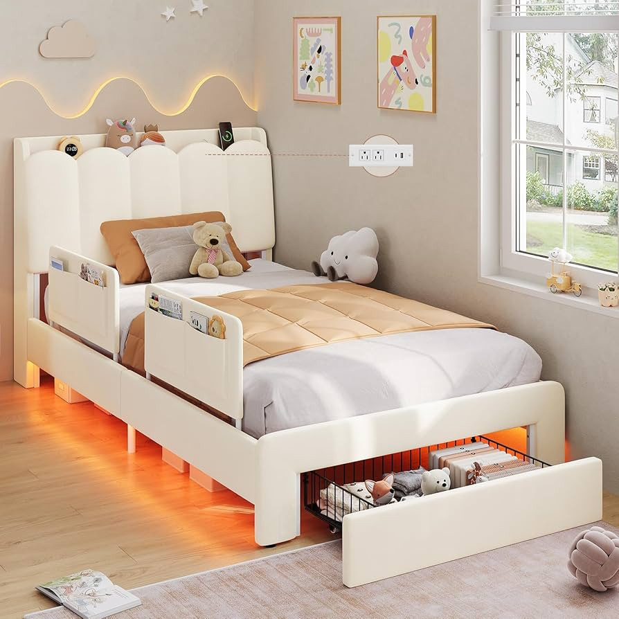 DICTAC Twin Size LED Bed Frame with Storage Drawer and Safety Guardrails, Velvet Upholstered Plat... | Amazon (US)