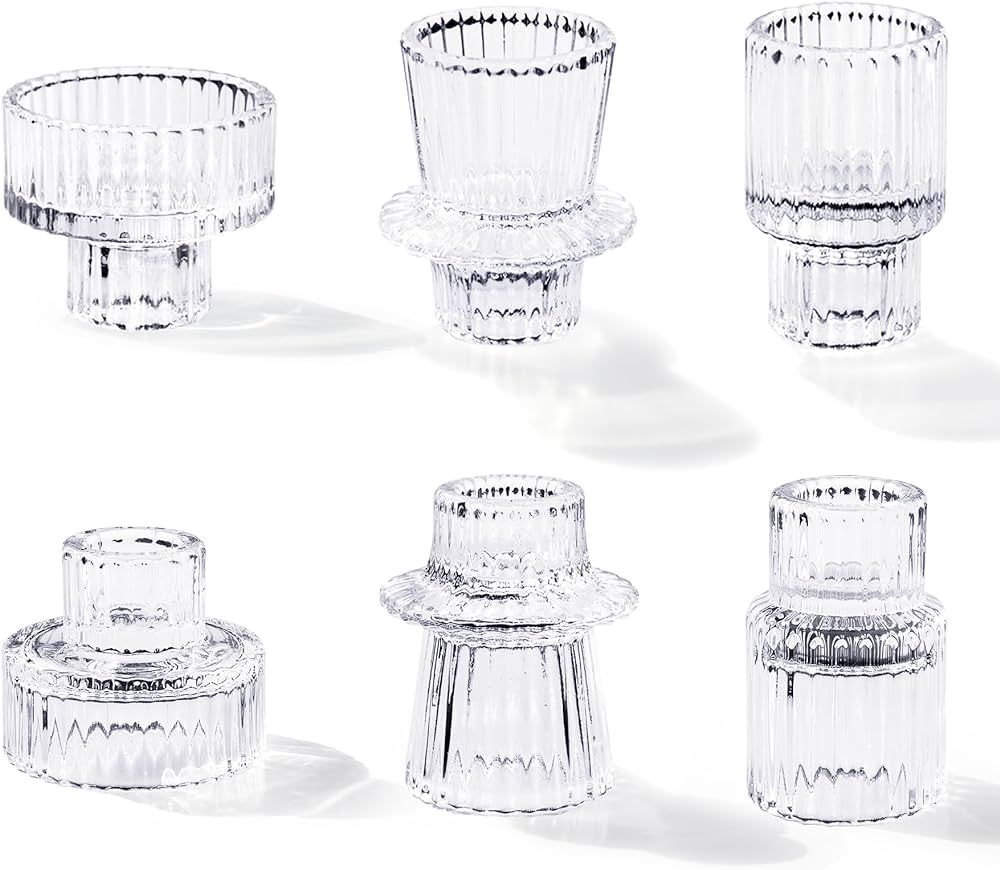 Candlestick Holders Set of 6, Ribbed Glass Taper Candle Holders, Reversible Clear Tealight & Cand... | Amazon (US)