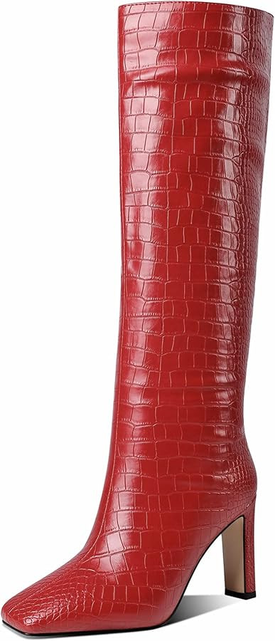 MODENCOCO Women's Crocodile Square Toe Slip On Animal Print Block High Heel Knee High Boots 3.5 I... | Amazon (CA)
