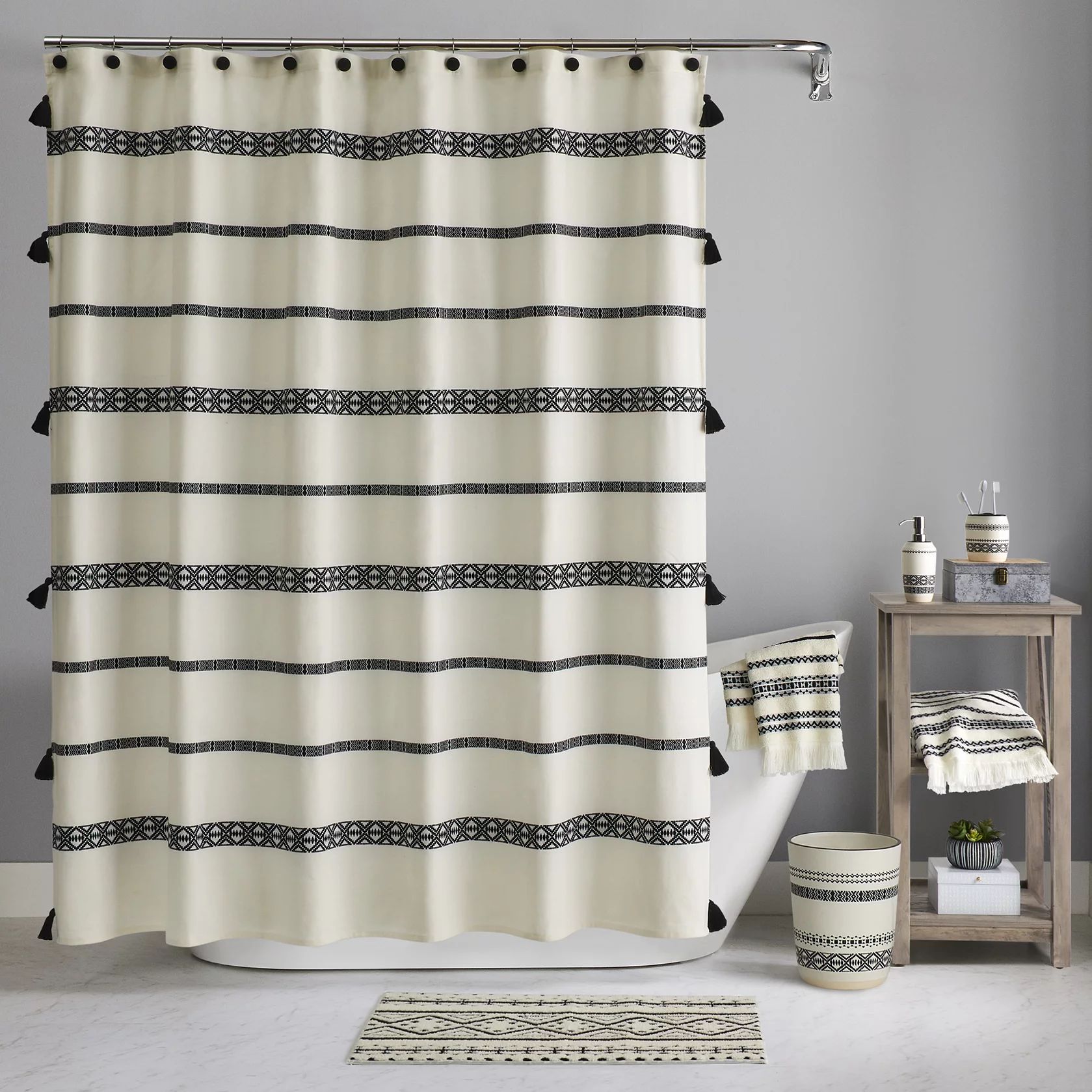 Better Homes & Gardens Boho Chic Cotton Shower Curtain, Beige, Black, 72"x72" | Walmart (US)