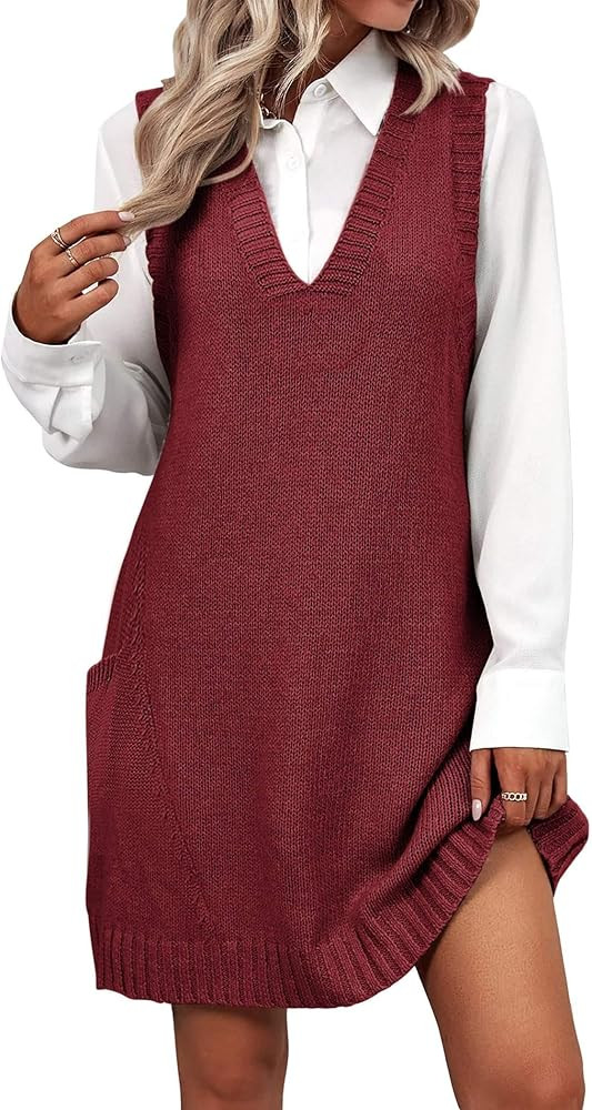 Zeagoo Womens Sweater Vest Dress Pattern Knitted Pullovers Sweaters V Neck Tank Sweater Dress wit... | Amazon (US)