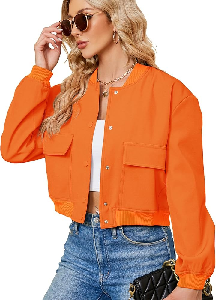 Zando Bomber Jacket Women 2025 - Short Cropped Jacket Women Button Down Long Sleeve Casual Varsit... | Amazon (US)