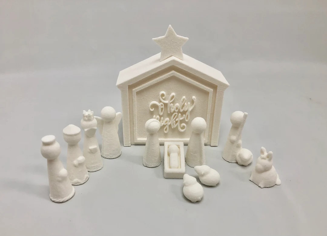 Small Flocked Peg doll Nativity set-with stable that doubles as a storage box, 3D printed in whit... | Etsy (US)