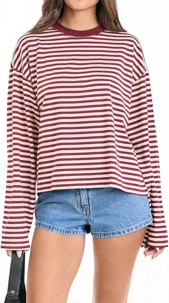 Y2k Womens Striped Cropped Shirt Drop Shoulder Long Sleeve Crewneck Sweatshirt Fairy Grunge Sweat... | Amazon (US)