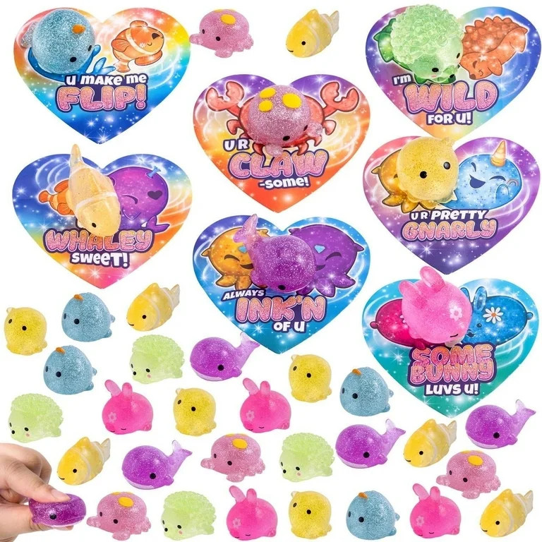 Joyfy 28 Packs Valentines Day Cards with Glitter Mochi Squishy Toys pack, Cute Squeeze Fidget Toy... | Walmart (US)