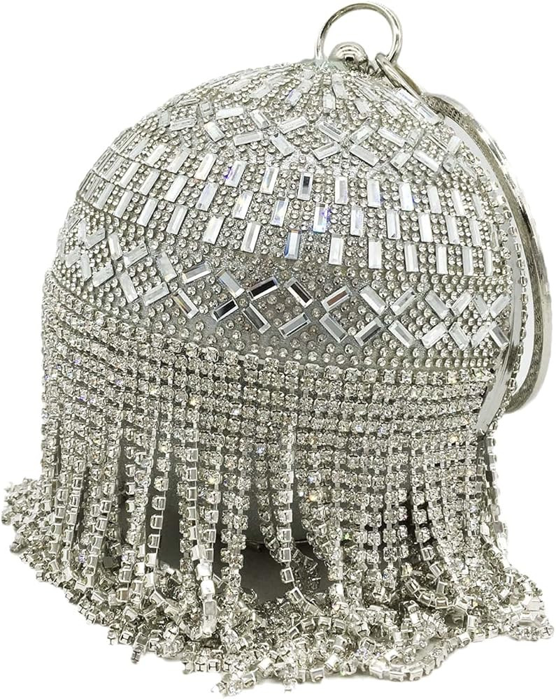 Dazzling Crystal Tassel Women Evening Bag Round Wedding Cocktail Wristlets Handbag Purse | Amazon (US)