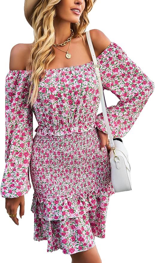 Zenlonr Women Elegant Long Sleeve Square Neck Off Shoulder Smocked Dress Floral Ruffle Beach Dres... | Amazon (US)