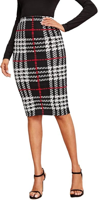 Floerns Women's Plaid Print High Waist Knee Length Bodycon Pencil Skirt | Amazon (US)