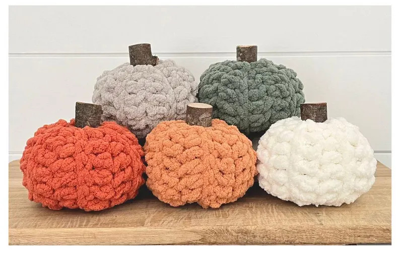 Chunky Knit Pumpkins Handmade Crocheted Chenille Pumpkins Neutral Fall Pumpkin Decor Fall Bowl Fi... | Etsy (US)