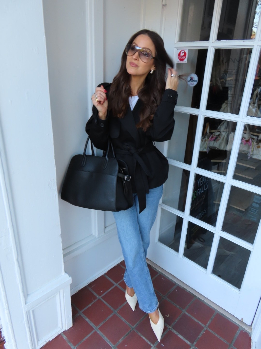 This bag is everything!!! Under $200 but looks like The Row! Jeans trench and tee all run true to size, too!