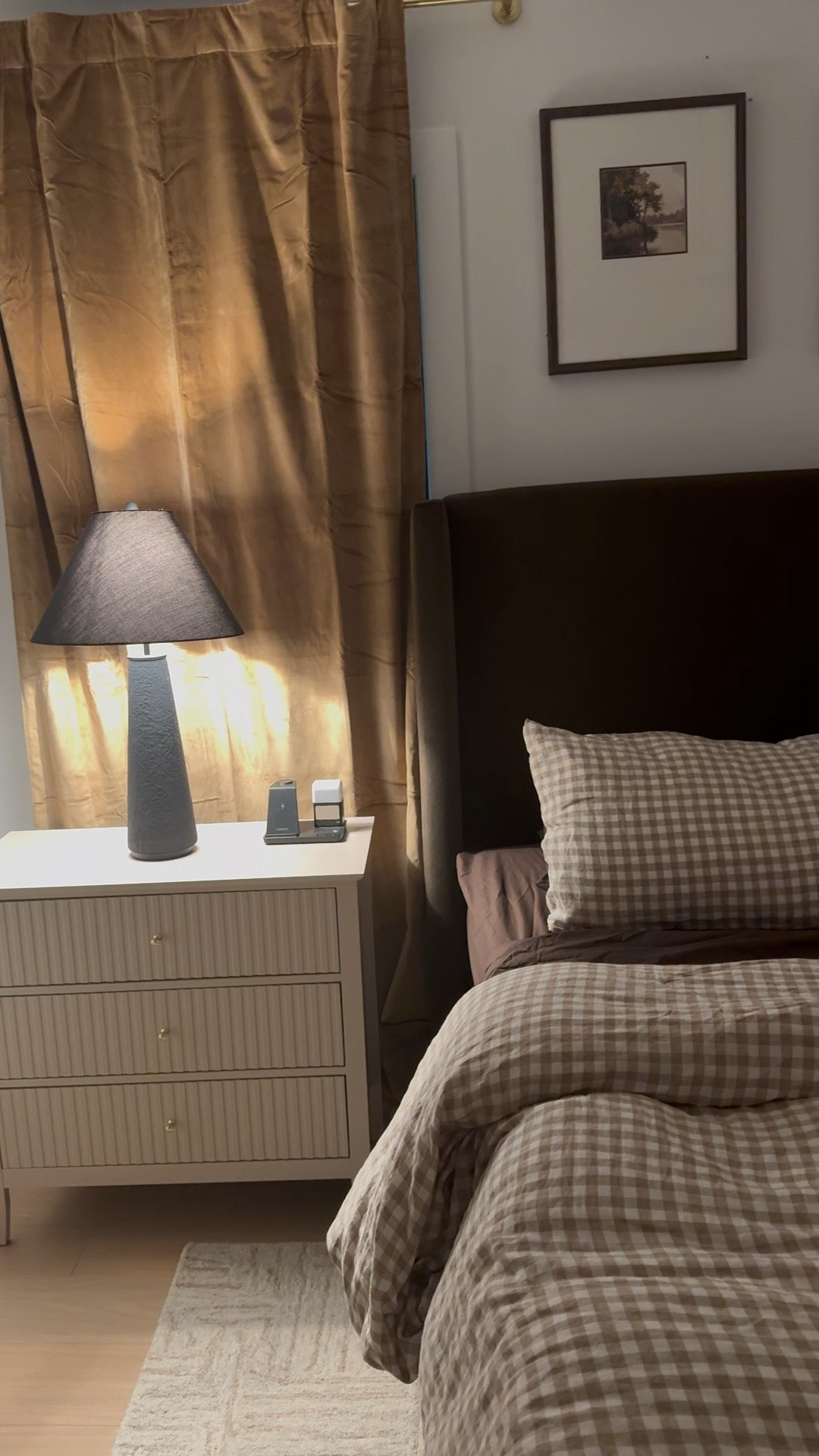 Bedding refresh from @Quince 🤎. Dark brown bed sheets , blackout brown velvet curtains, gingham duvet cover. #quincepartner

#LTKHome #LTKSaleAlert