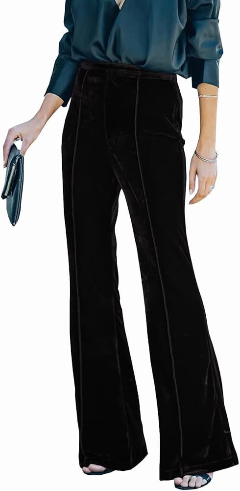 Kotiera Women Velvet Flare Pants Elastic High Waist Side Zipper Bell Bottom Trousers | Amazon (US)