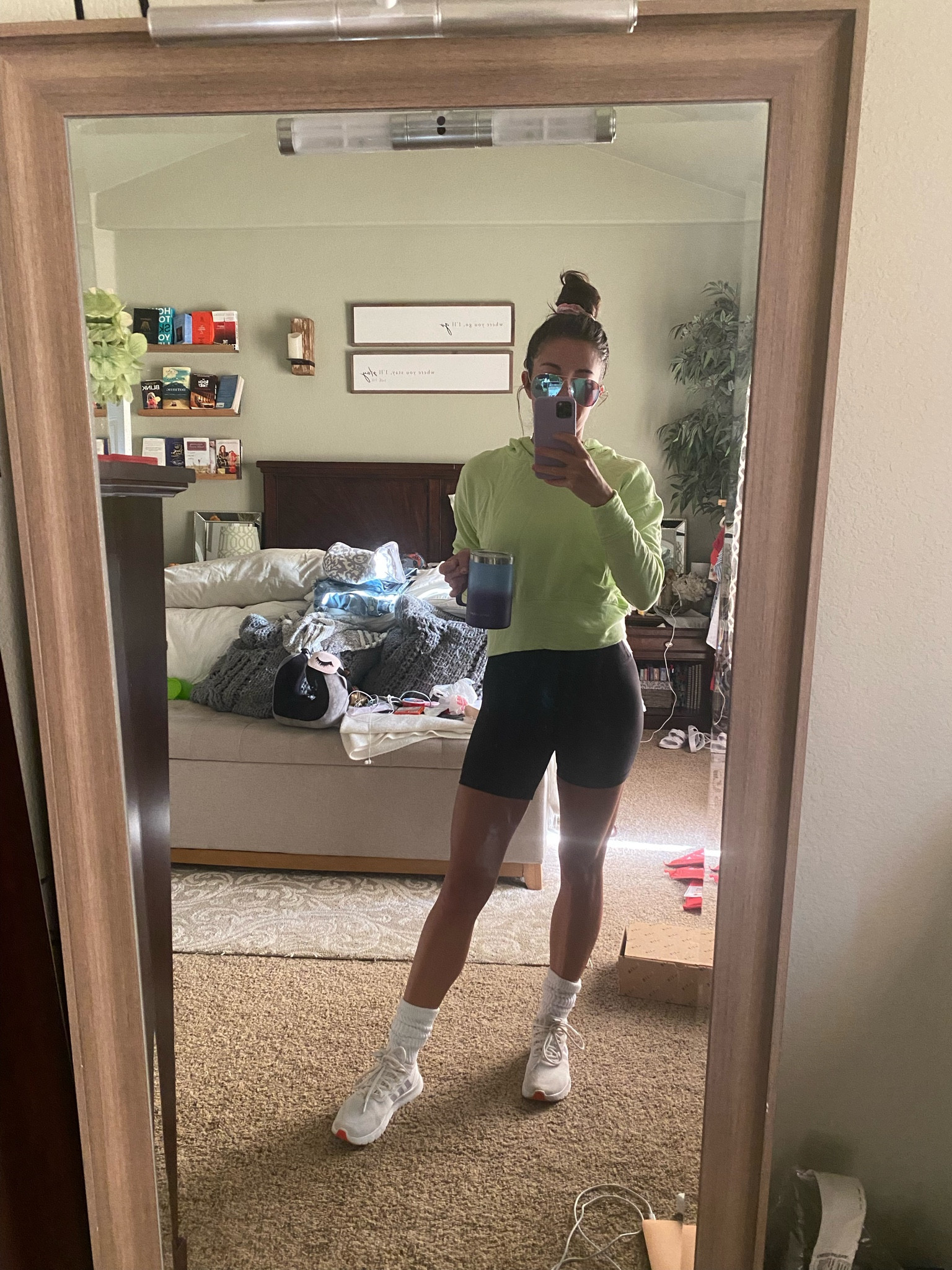 Neon crop hoodie, black bike shorts, slouch socks, adidas sneakers, aviator sunglasses, casual outfit, casual fit, travel, errands, athleisure 

#LTKunder50 #LTKtravel #LTKfit