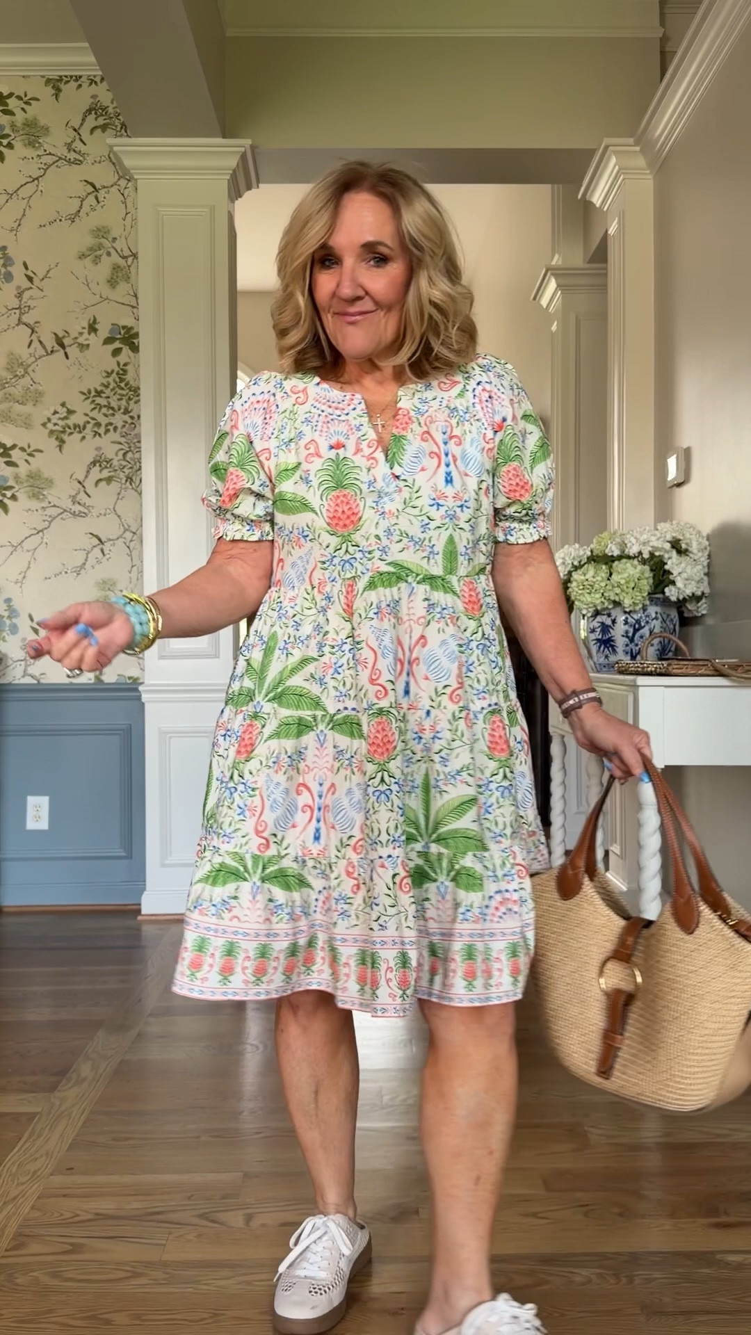 Size medium in this cute baby doll dress 
I love this print  
20% off the bracelets code NANETTE20
10% off Eric javits code NANETTE 

#LTKSaleAlert #LTKOver40 #LTKSeasonal