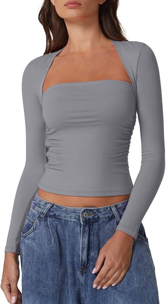 QINSEN Long Sleeve Square Neck Tops for Women Double Lined Side Ruching Going Out Shirts Basic Te... | Amazon (US)