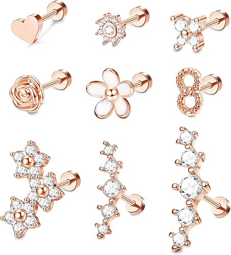 Thunaraz 9Pcs 16G 316LStainless Steel Cartilage Stud Earring For Women Men Flatback CZ Stud Earri... | Amazon (US)