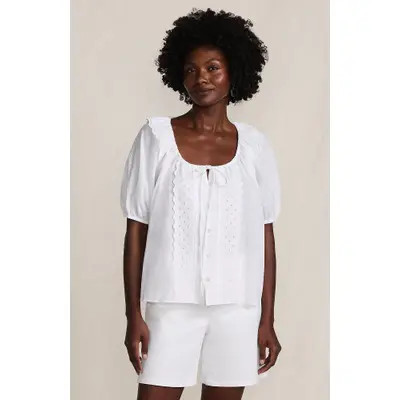 Lands' End Voile Puff Elbow Sleeve Embroidered Blouse in White at Nordstrom, Size Small | Nordstrom