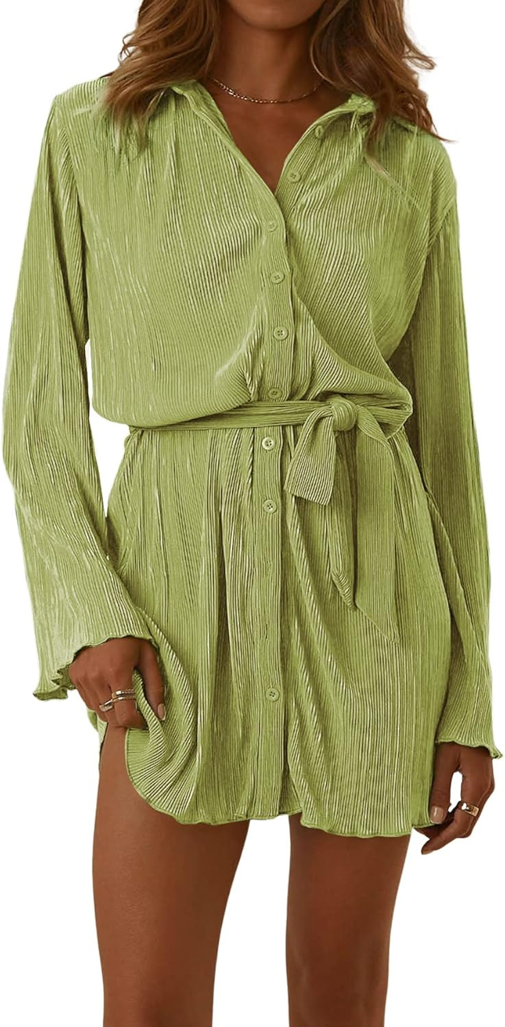 LYANER Women's Collar V Neck Button Down Pleated Long Sleeve Mini Shirt Dress with Belt | Amazon (US)