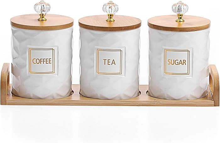 JUXYES Set of 3 Ceramic Canisters Set for Sugar Coffee Tea With Handle Tray, Luxurious Storage Co... | Amazon (US)