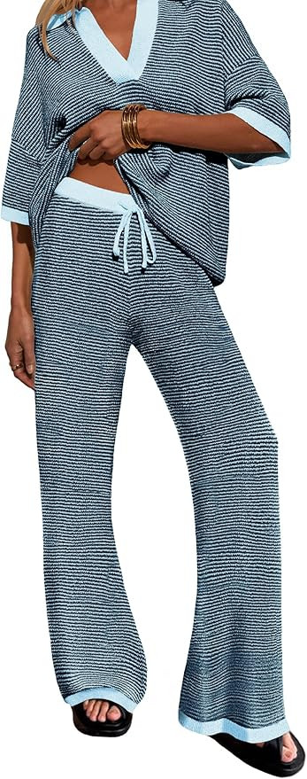 Womens 2 Piece Outfits Set Oversized 3/4 Sleeve V Neck Knit Tops Drawstring High Waisted Pants Lo... | Amazon (US)
