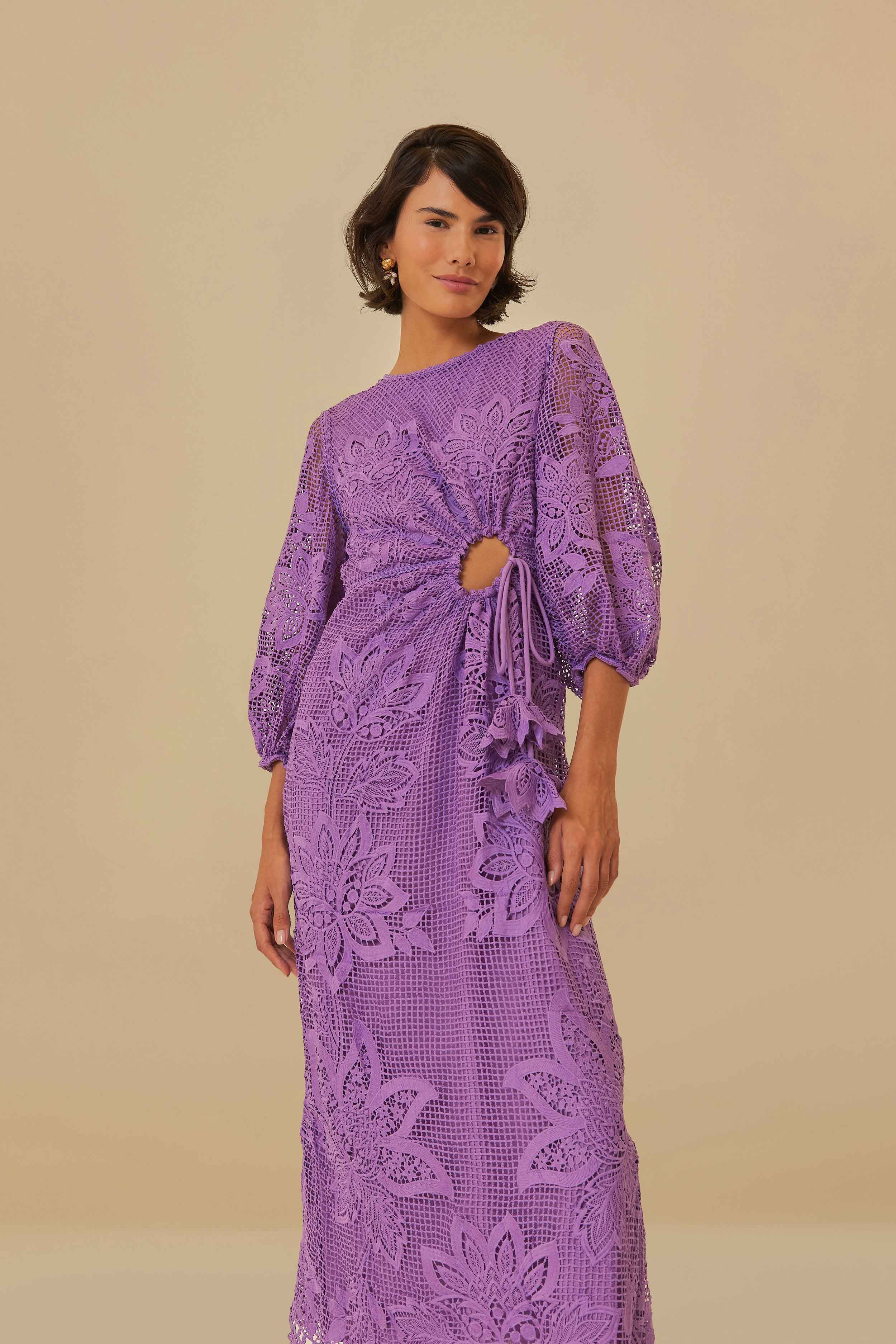 Lilac Guipure Cut-Out Midi Dress | FarmRio