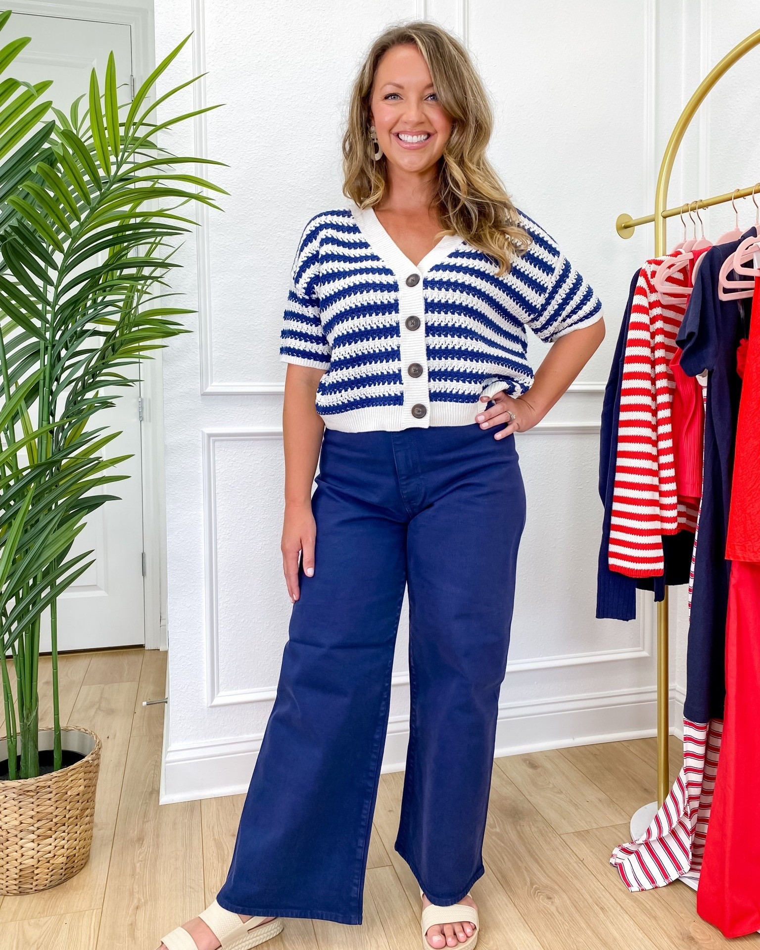 Office-ready and summer-holiday chic! ☀️🇺🇸 I styled these navy wide leg sailor jeans from Target with a navy striped button-front short sleeve cardigan for a classic, polished look that's perfect for work, casual Fridays, or Memorial Day and July 4th events. 🎯
Wearing size 10 in jeans and Medium in the cardigan — both are so flattering and comfy for midsize bodies!


#TargetStyle #BusinessCasual #OfficeOutfit #MidsizeStyle #RedWhiteAndBlue #CoastalChic #TargetFinds #Workwear #July4thOutfit #LTKWorkwear #LTKUnder50 #TargetTryOn 

 #LTKSeasonal #LTKMidsize #LTKFindsUnder50