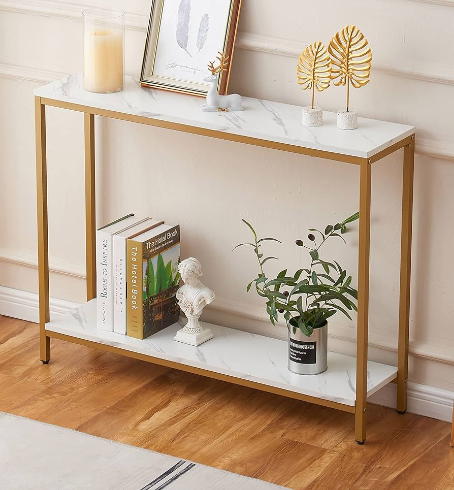 loglus Console Table for Entryway, Faux Marble MDF Sofa Table with Golden Frame (Double Layer, Wh... | Amazon (US)