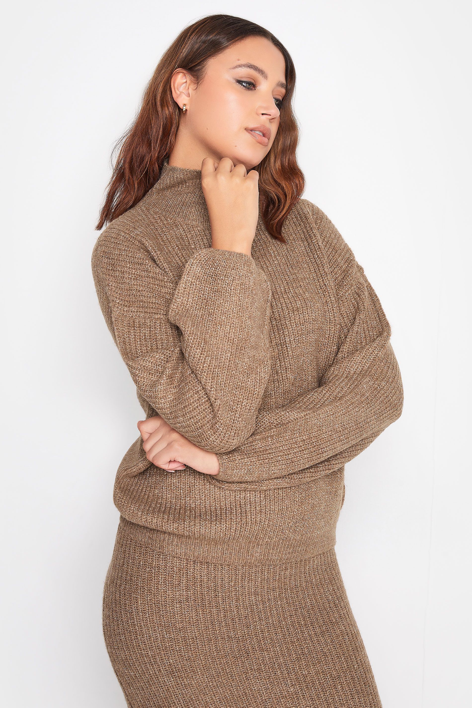 LTS Tall Beige Brown Funnel Neck Knitted Jumper | Long Tall Sally