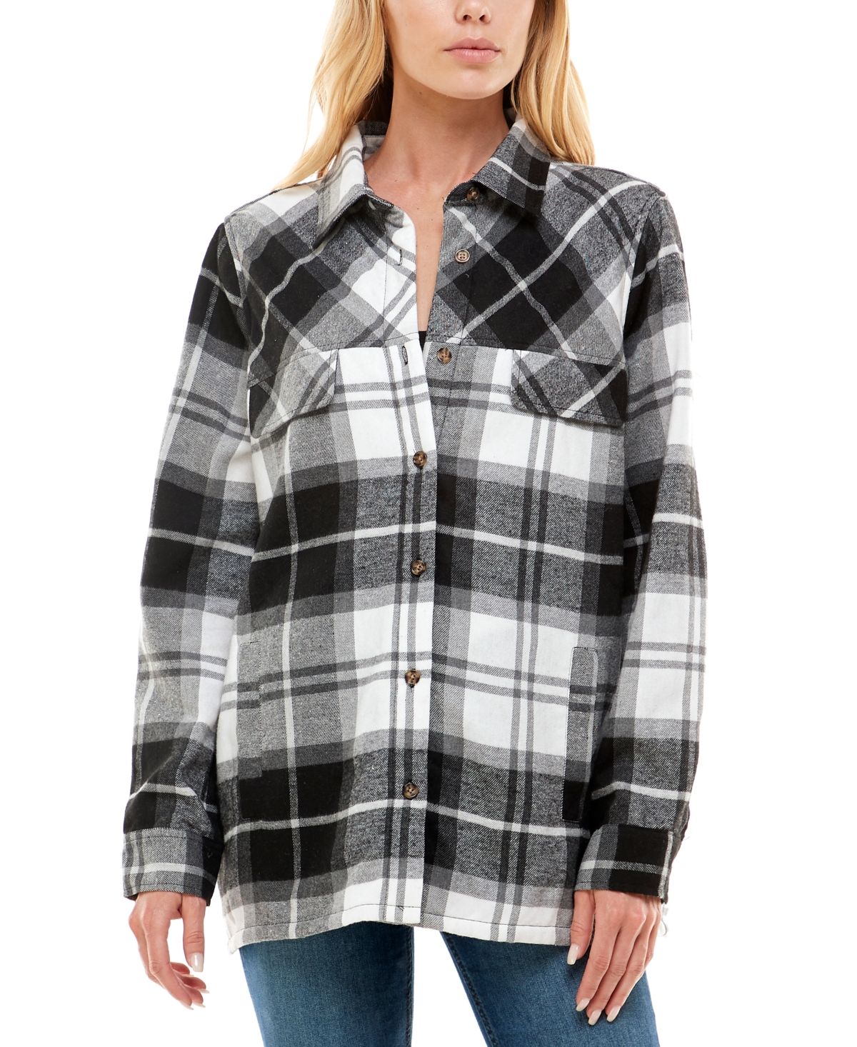 No Comment Juniors' Sherpa-Lined Plaid Shacket | Macys (US)