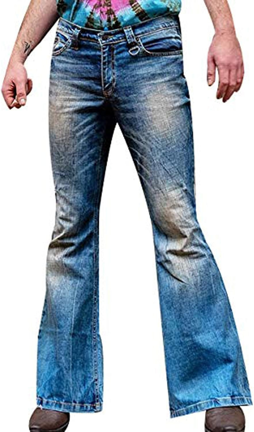 Men's Retro Stretch Bell Bottom Jeans Classic Disco Fever Flared Leg Jeans | Amazon (US)