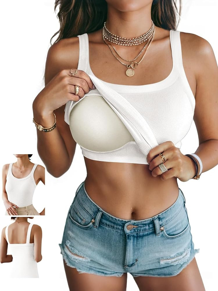 Ninee Women's Tank Top with Built in Bra Ribbed Camisole Summer Scoop Neck Basic Cami Tanks | Amazon (US)