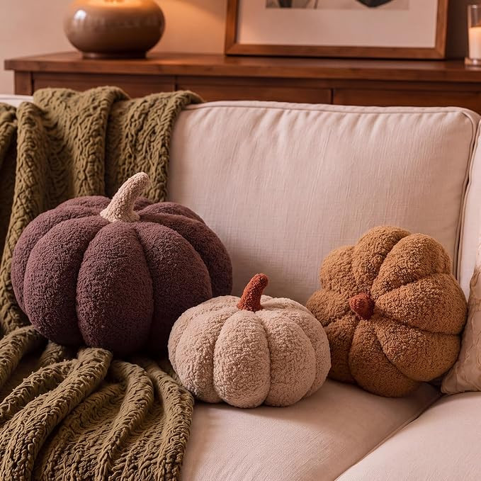 Juexica 3 Pcs Stuffed Pumpkin Pillows Fall Decor Cushions,Brown Neutral | Amazon (US)