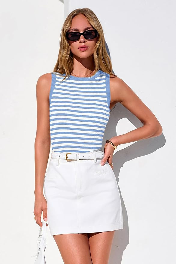 PRETTYGARDEN Summer High Neck Striped Tank Tops for Women Casual Sleeveless Sweaters Basic Ribbed... | Amazon (US)