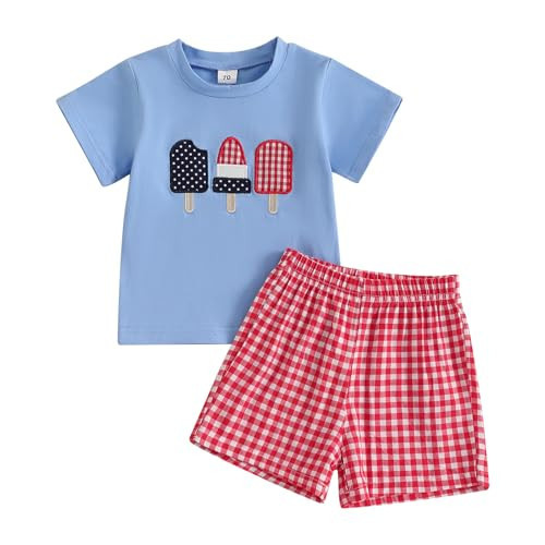 SAYOO 4th of July Toddler Baby Boy Clothes American Flag Ice Cream Embroidery Short Sleeve T Shirt Plaid Shorts 2Pcs Clothes (A Blue, 2-3T) | Amazon (US)