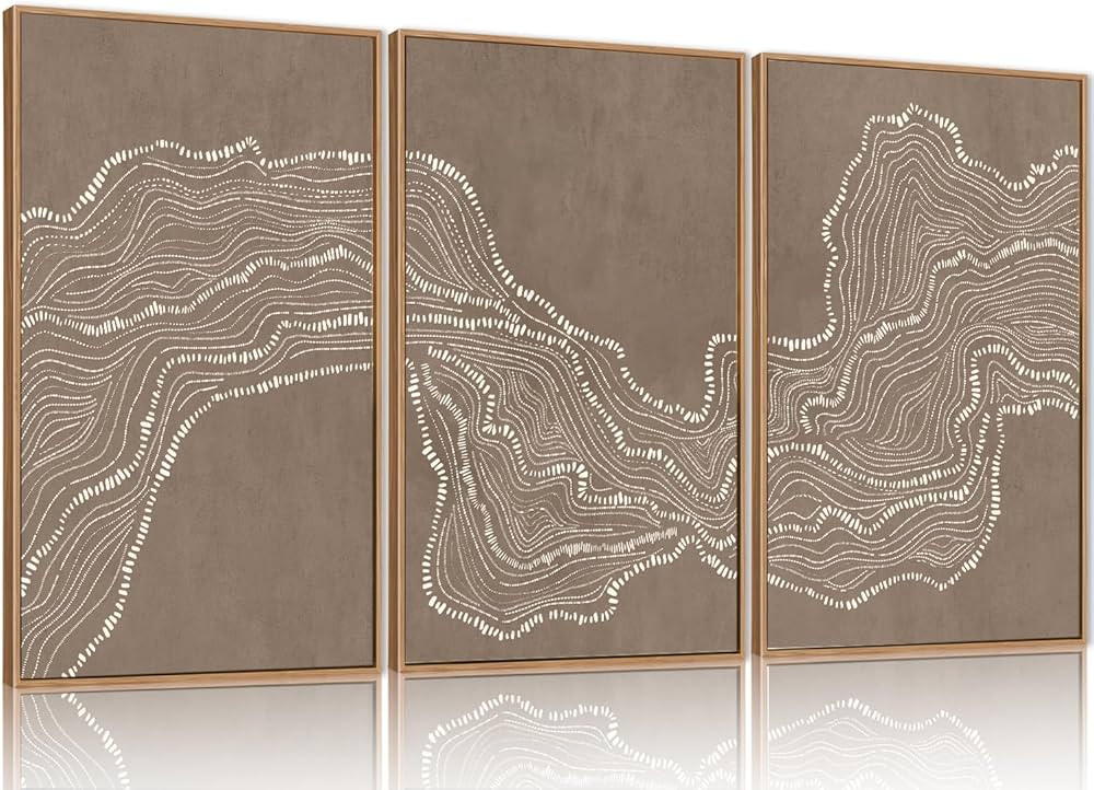 Celestdeco 3D Geometric White Tan Wave Framed Canvas Wall Art Set, Abstract Line Art Painting, Mo... | Amazon (US)