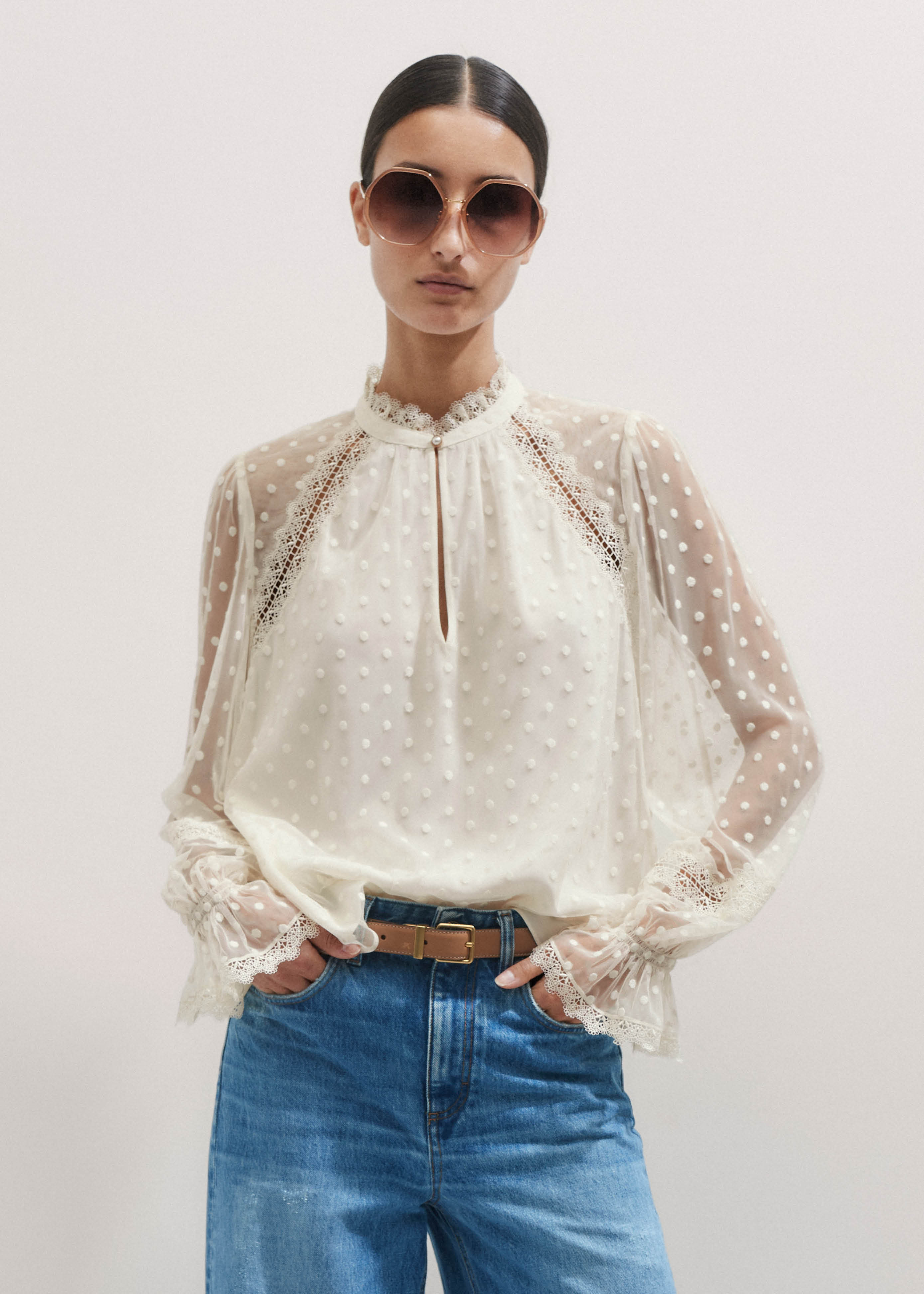Women's Cream Polka Dot Lace Tulle Blouse | ME+EM | ME+EM Global (Excluding US)